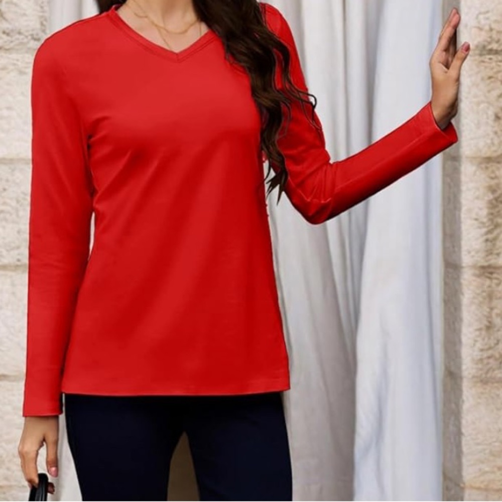NWOT ❤️ RED TAGLESS COTTON BLEND V-NECK LONG SLEEVE UNDERSHIRT TSHIRT Women’s L - Picture 4 of 7